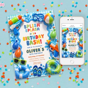 May include: A birthday invitation with a water theme, featuring the text "Splish Splash It's a Birthday Bash!" and decorative elements like water guns, sunglasses, and a beach ball. A smartphone displays the same invitation.