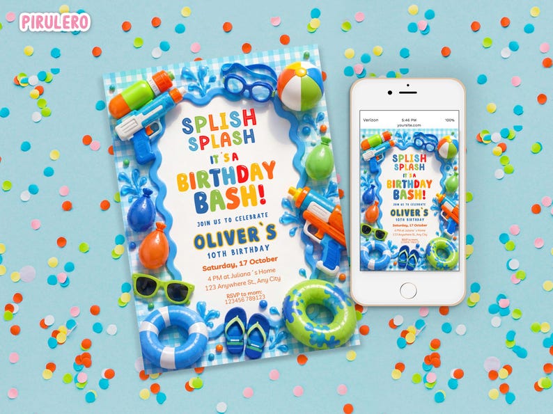 May include: A birthday invitation with a water theme, featuring the text "Splish Splash It's a Birthday Bash!" and decorative elements like water guns, sunglasses, and a beach ball. A smartphone displays the same invitation.