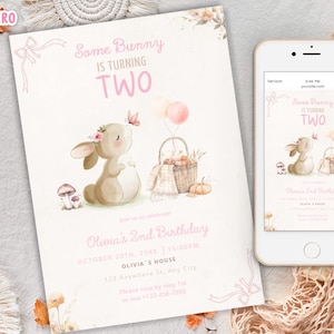 May include: A birthday invitation with a bunny illustration. The invitation reads "Some Bunny is Turning Two" in pink text. A smartphone displays the same invitation. The design includes a bunny, balloons, and a basket.