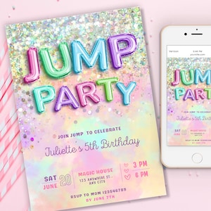 Puede incluir: Una invitación de cumpleaños con las palabras "JUMP PARTY" en letras de globos de colores. La invitación incluye el texto "Juliette's 5th Birthday" y los detalles del evento. Un smartphone muestra el mismo diseño de invitación.
