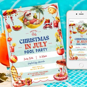 Weihnachten im Juli Party Einladung, Pool-Party Weihnachten einladen, wunderliche Weihnachten Sommer Party, lustige Santa Loungin 'Weihnachten im Juli