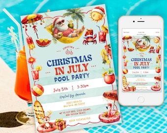 Uitnodiging voor feest Kerstmis in juli, poolparty kerstuitnodiging, grillige kerstzomerfeest, grappige kerstman Loungin 'kerst in juli