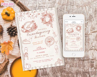 Friendsgiving Party Invitation Template, Thanksgiving Dinner Invite, Whimsical Thanksgiving Party hand drawn Cocktail Friendsgiving Invite