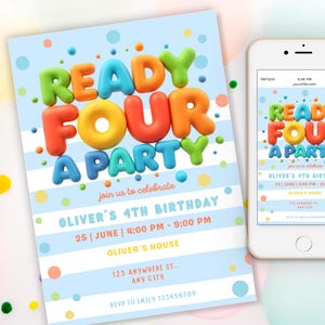 Może przedstawiać: Zaproszenie na przyjęcie urodzinowe z napisem "READY FOUR A PARTY" w kolorowych literach 3D. Zaproszenie jest jasnoniebieskie z białymi paskami i kolorowymi kropkami. Smartfon wyświetla to samo zaproszenie.