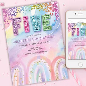 May include: A birthday invitation featuring the word "FIVE" in colourful, glitter-filled letters. The invitation includes the text "Join us to celebrate Juliette's 5th Birthday" and event details. A smartphone displays the same invitation.