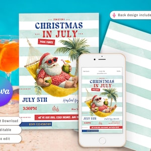 Christmas in July Party Invitation, pool party Christmas Invite, Funny Santa Loungin’ Christmas in July, Whimsical Christmas Summer Party