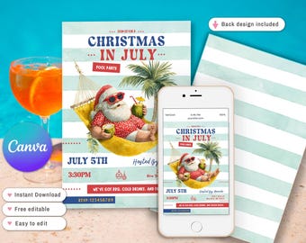 Uitnodiging kerstfeest in juli, poolparty kerstuitnodiging, Funny Santa Loungin' Christmas in July, grillig kerstzomerfeest