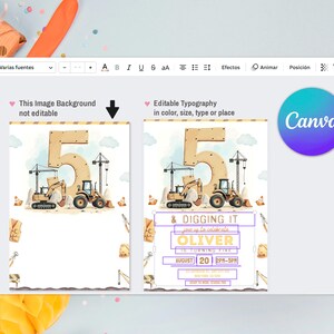 Pu&ograve; includere: Un modello di invito digitale per un quinto compleanno, con veicoli da cantiere e il numero 5. Il design include il testo "& Digging It" e campi modificabili per il nome, la data e l'ora del bambino. Il logo Canva &egrave; visibile.