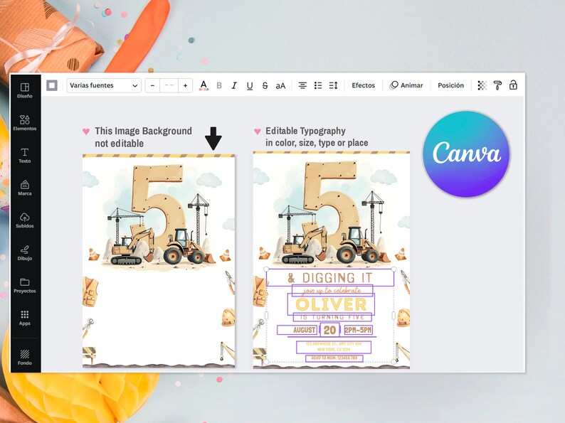Pu&ograve; includere: Un modello di invito digitale per un quinto compleanno, con veicoli da cantiere e il numero 5. Il design include il testo "& Digging It" e campi modificabili per il nome, la data e l'ora del bambino. Il logo Canva &egrave; visibile.