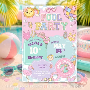 May include: A rectangular pool party invitation card featuring a pastel pink and blue background with a checkered pattern. The text reads POOL PARTY, OLIVIA'S 10TH BIRTHDAY, SATURDAY MAY 14TH 3:00PM, JULIETTE'S HOUSE, 200 E 45TH ST NEW YORK, NY 10017, and RSVP TO EMILY.