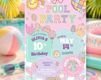 Puede incluir: Una tarjeta de invitación rectangular para una fiesta en la piscina con fondo rosa y azul pastel con patrón de cuadros. El texto dice POOL PARTY, OLIVIA'S 10TH BIRTHDAY, SATURDAY MAY 14TH 3:00PM, JULIETTE'S HOUSE, 200 E 45TH ST NEW YORK, NY 10017, RSVP TO EMILY.