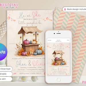 Op de afbeelding: Printbare gender reveal-uitnodiging met een herfstthema. De uitnodiging bevat een aquarel-illustratie van een pompoenkraam met pompoenen, kaarsen en herfstbladeren. De tekst op de uitnodiging luidt "He or She, What will our little pumpkin be?" en bevat de namen "Jhon & Olivia" en de datum en tijd van het evenement.