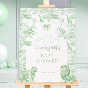 Sage green Bow Baby Shower Welcome Sign, green theme safari chinoiserie Toile De Jouy Baby Shower Decorations Editable Canva 16x20, 18x24