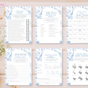 Blue toile safari Baby Shower Games, Grandmillenial chinoiserie Baby Shower, Editable dusty blue Game Bundle Set Boy Blue safari theme, BTS3