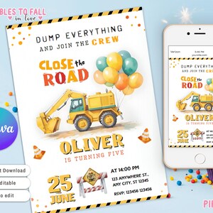 Editable Construction Birthday Invitation, Dump Truck Excavator Birthday Party Construction InviteConstruction Boy Birthday Party Invite