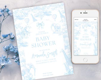 Blue Toile Safari Baby Shower Invitation, Safari Animal Baby Boy Shower Digital Invite, Dusty light Blue Safari Toile de Jouy Baby Shower 03