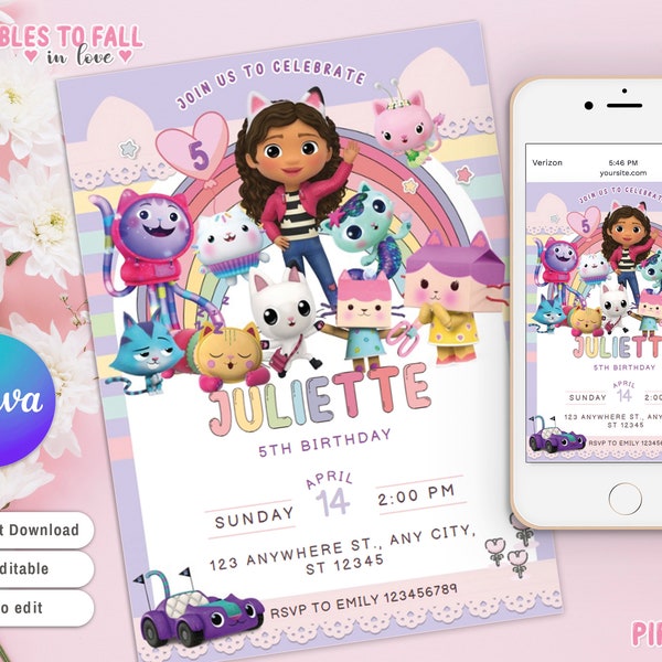 Gabbys Doll House Birthday Invitation for Girls, Gabby Doll House Card, birthday Template, Gabby Doll House Party Invite, Canva editable