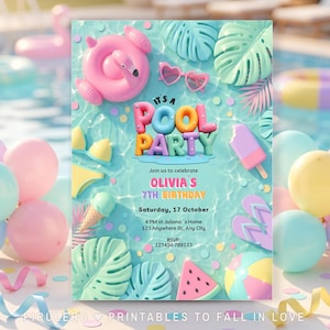 Pool Party Invitation, Cute Pool Party Invite, Swim Party birthday, Swimming party Invitation, Summer Birthday Invitation, Canva Template