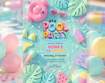 May include: A pool party invitation for Olivia's 7th birthday on Saturday, 17 October at 4 PM. The design features a light blue water background with a pink flamingo float, heart sunglasses, tropical leaves, a popsicle, and an ice cream cone.
