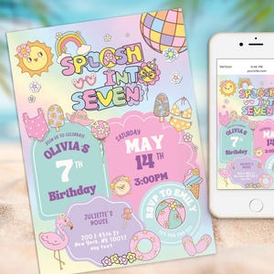 Editable Groovy Splash into Seven, 7th Birthday Pool Party Invitation, Girly Summer Pool Splash Pad Party, Preppy invite Groovy Retro party