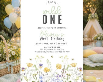 Wildflower 1st Birthday Invitation Template, Editable Wild One Birthday Girl Digital Invite, Floral Bloom Birthday Party, She is a Wild one
