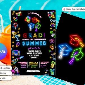 Peut inclure: Une invitation de f&ecirc;te de remise de dipl&ocirc;me avec un fond noir et des graphiques au n&eacute;on. L'invitation comprend le texte "GRAD!" et "SUMMER" avec des d&eacute;tails pour les activit&eacute;s, les jeux et les collations. Le verso pr&eacute;sente des chapeaux de graduation au n&eacute;on.