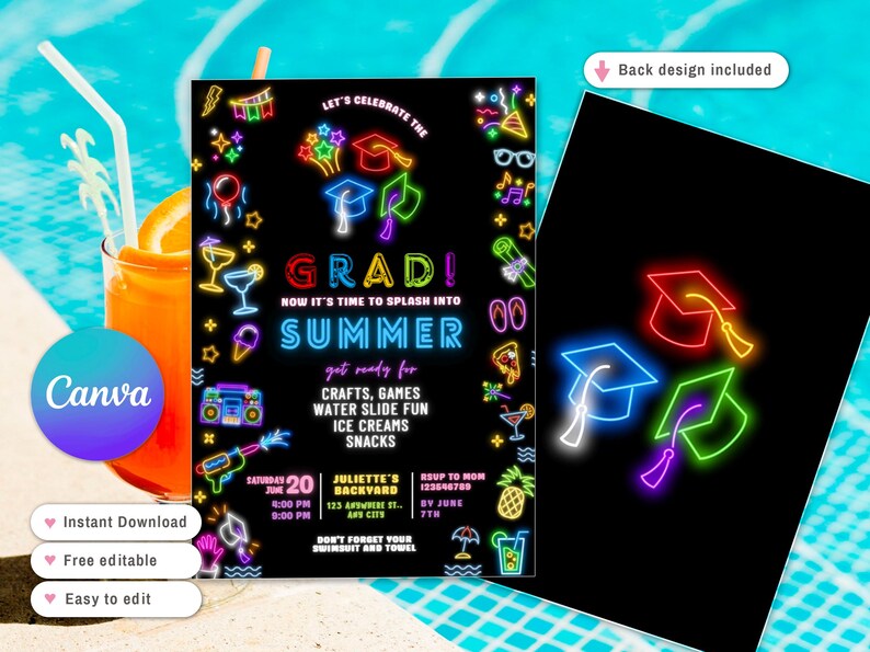 Peut inclure: Une invitation de f&ecirc;te de remise de dipl&ocirc;me avec un fond noir et des graphiques au n&eacute;on. L'invitation comprend le texte "GRAD!" et "SUMMER" avec des d&eacute;tails pour les activit&eacute;s, les jeux et les collations. Le verso pr&eacute;sente des chapeaux de graduation au n&eacute;on.