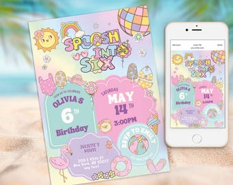 Bewerkbare groovy splash in six, 6e verjaardag uitnodiging zwembadfeest, girly zomerzwembad splash pad party, preppy uitnodiging groovy retro feest