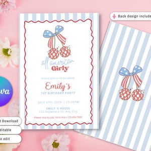 K&ouml;nnte beinhalten: Einladungskarte zum Geburtstag mit rotem, wei&szlig;en und blauen Thema. Die Vorderseite zeigt ein Kirschdesign mit einer Schleife und dem Text "all american Girly". Die R&uuml;ckseite hat ein Streifenmuster und ein passendes Kirschdesign. Die Einladung ist f&uuml;r Emilys 1. Geburtstag.