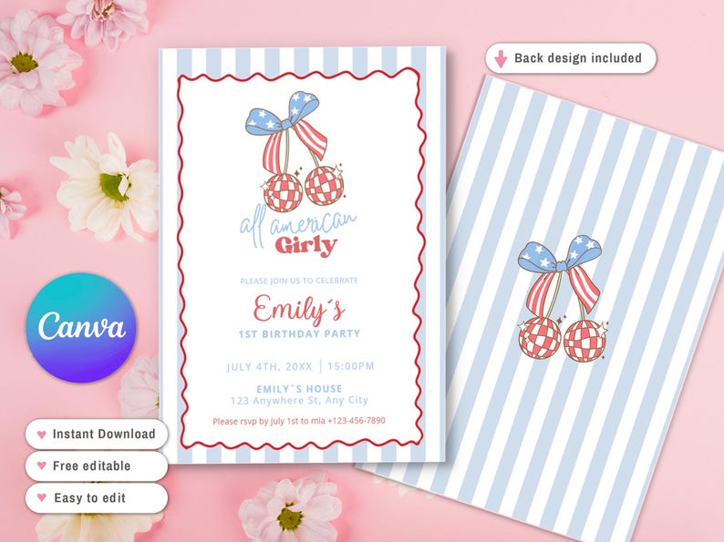 K&ouml;nnte beinhalten: Einladungskarte zum Geburtstag mit rotem, wei&szlig;en und blauen Thema. Die Vorderseite zeigt ein Kirschdesign mit einer Schleife und dem Text "all american Girly". Die R&uuml;ckseite hat ein Streifenmuster und ein passendes Kirschdesign. Die Einladung ist f&uuml;r Emilys 1. Geburtstag.
