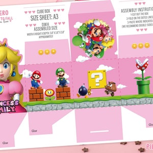 Cajas imprimibles Princesa Peach Mario Bros, 4 Cube Box Peach, Caja de favores de fiesta, caja de favores de fiesta, Plantilla Canva editable, Caja de dulces imagen 5