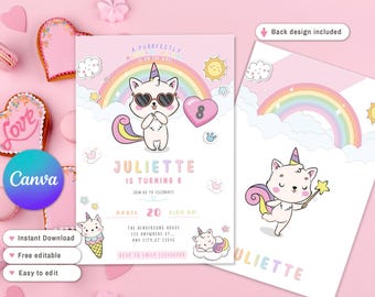 Invitación de cumpleaños de gato arcoíris, invitación de gato, invitación a fiesta de unicornio gato, cumpleaños de niña arcoíris gato unicornio para cualquier edad, editable