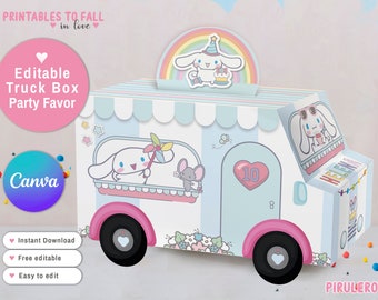 Kitty And Friends Party printable favor box cinnamon, truck party favors kawaii bunny treat box  Editable Canva template, Candy Treat Box