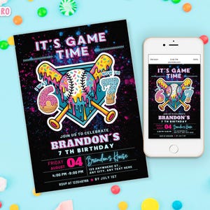 May include: A black birthday party invitation with the text "IT'S GAME TIME" and "BRANDON'S 7 TH BIRTHDAY". The design includes a baseball, bats, and the number 7. A smartphone displays the same invitation.