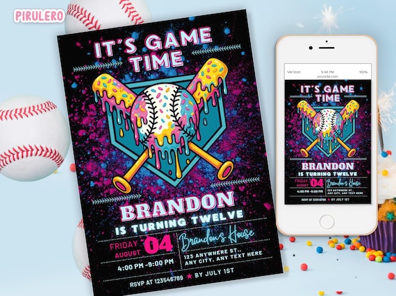Baseball Ice Cream Drip Birthday Invitation, EDITABLE Baseball Invite, Ice Cream Drip, Baseball Drip Invite, Baseball Ice Cream neon party