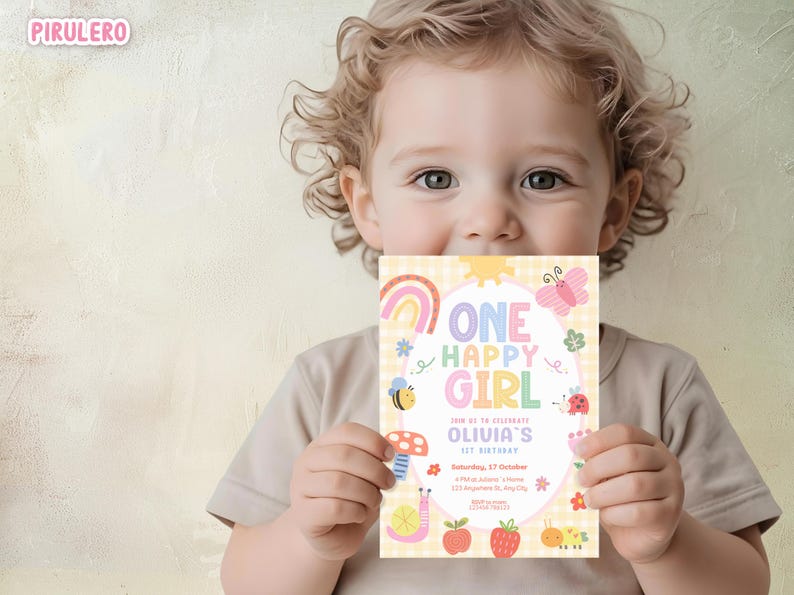 May include: A child holds a colorful invitation with the text "ONE HAPPY GIRL" and details for a 1st birthday celebration. The design includes a rainbow, butterfly, bee, and other whimsical illustrations on a yellow gingham background.