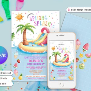 Waterslide Invitation, water slide Party Invite, Splash Pad Invitation Summer Pool Party Splish Splash Bash girl Water Park Instant Download