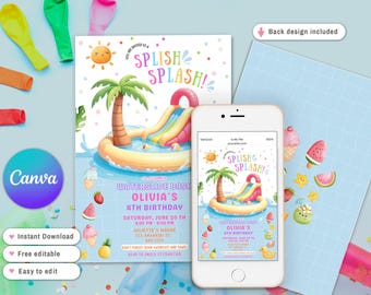 Puede incluir: Una colorida invitación para una fiesta de cumpleaños acuática. El diseño presenta un tobogán acuático, una palmera y el texto "Splish Splash!" sobre un fondo blanco. Un smartphone muestra el mismo diseño. Elementos adicionales incluyen helado, sandía y un sol.
