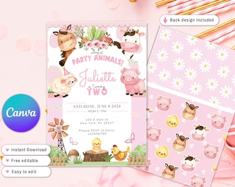 Editable pink Farm Birthday Invitation, Farm Animals Birthday Invite, Girl Barnyard Birthday, Girl Farm, Floral Barnyard Animals for any age