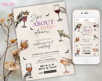 May include: Halloween party invitation with the text "Sips About to Go Down" and "costumes and cocktails." The design features illustrations of cocktails and skeleton hands holding glasses. A smartphone displays the same invitation.