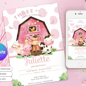 Drei-I-E-I-O Geburtstagseinladung, 3.Geburtstag Party rosa Bauernhof Tier und rosa Blumen Barnyard, digitaler Download Mädchen Scheunentiere einladen