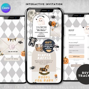 Puede incluir: Tres teléfonos inteligentes que muestran una invitación digital interactiva para baby shower con temática de Halloween. Las pantallas incluyen un fantasma, calabazas, un mameluco de esqueleto, un caballito de madera y texto como RSVP.