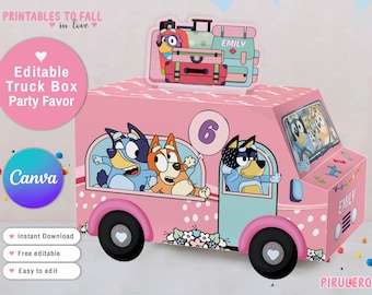 Scatola per bomboniere stampabile per feste con cani blu per ragazze, bomboniere per camion, scatola per dolcetti per cani rosa blu Modello Canva modificabile, scatola per dolciumi