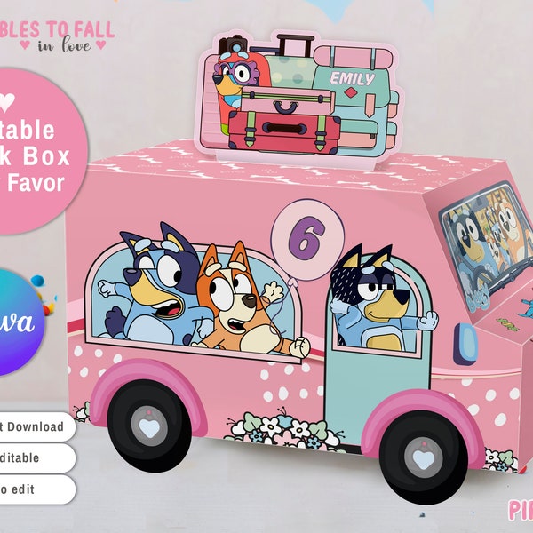 Girls blue dog Party printable favor box, truck party favors pink blue dog treat box  Editable Canva template, Candy Treat Box