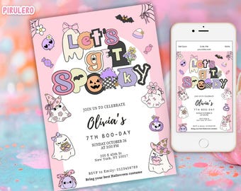 May include: Pink Halloween party invitation with the text "Let's Get Spooky" and cute ghost illustrations. The invitation includes event details such as the date, time, and location. A smartphone displays the same invitation.