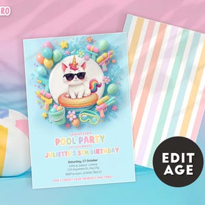 Invitación de cumpleaños para fiesta en la piscina, invitación de flotador de Caticorn, fiesta de natación en tonos pastel para CUALQUIER EDAD, fiesta en la piscina, fiesta de cumpleaños de verano para gatos en la piscina