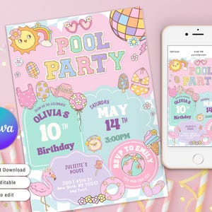 Invitación con letra de parche preppy para fiesta en la piscina, parche universitario, invitación de cumpleaños con cara sonriente preppy, cumpleaños retro elegante y editable, fiesta de verano