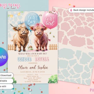 May include: A gender reveal party invitation with a cow theme. The invitation features two cartoon cows, one blue and one pink, holding balloons that say "Cow! Boy" and "Cow! Girl". The text on the invitation reads "What will our baby be? Join us for a Gender Reveal Honoring Oliver and Sophia Saturday, June 8, 2024 From 3-7pm 200 E 45th St New York, NY 10017 Please RSVP to Emily: 123456789"