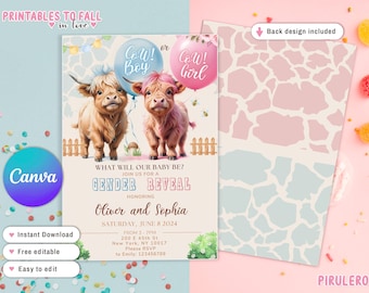 May include: A gender reveal party invitation with a cow theme. The invitation features two cartoon cows, one blue and one pink, holding balloons that say "Cow! Boy" and "Cow! Girl". The text on the invitation reads "What will our baby be? Join us for a Gender Reveal Honoring Oliver and Sophia Saturday, June 8, 2024 From 3-7pm 200 E 45th St New York, NY 10017 Please RSVP to Emily: 123456789"