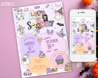 May include: A Halloween-themed invitation with the text "Let's Get Spooky" and cute ghost illustrations. The invitation includes details for a birthday party on October 14th, with a matching design on a smartphone.